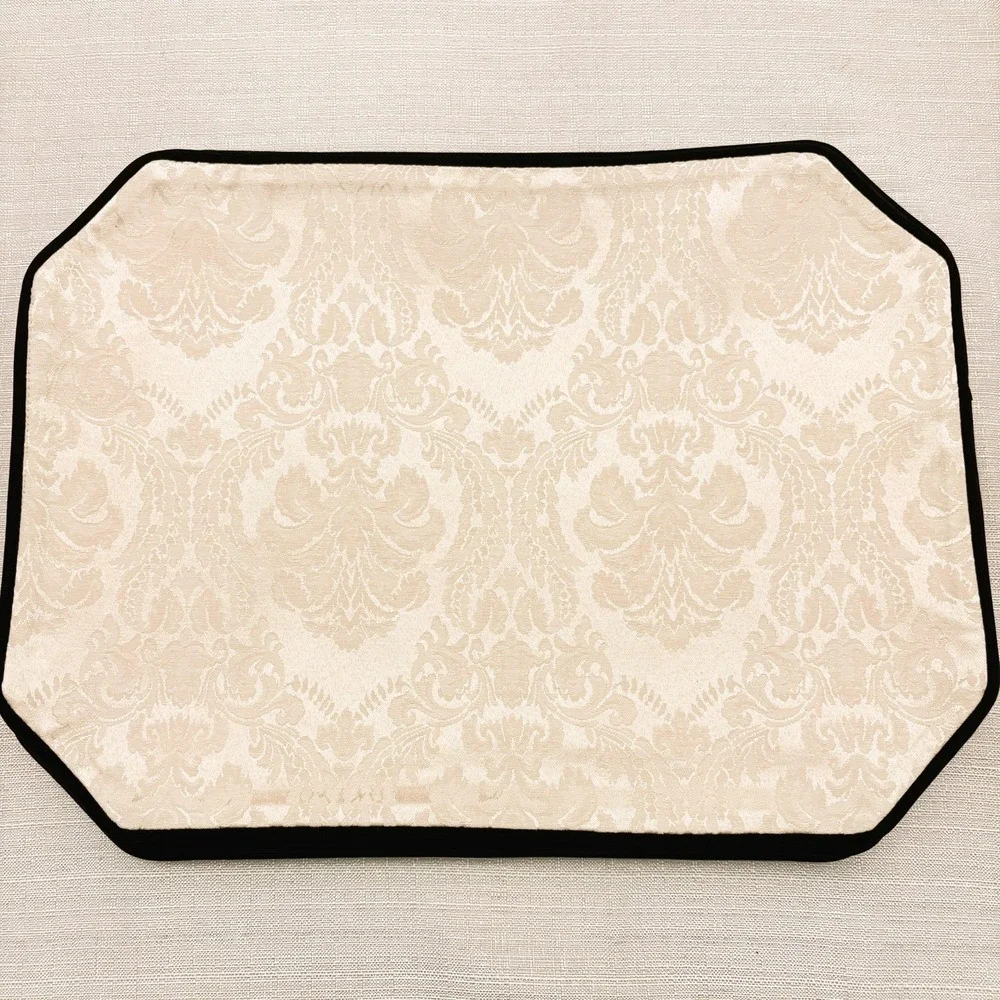 Vintage W-C Designs 1992 Ivory Damask Placemats Set 8 Velvet Trim 13x18